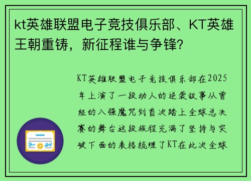 kt英雄联盟电子竞技俱乐部、KT英雄王朝重铸，新征程谁与争锋？