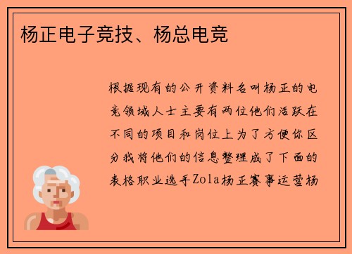 杨正电子竞技、杨总电竞